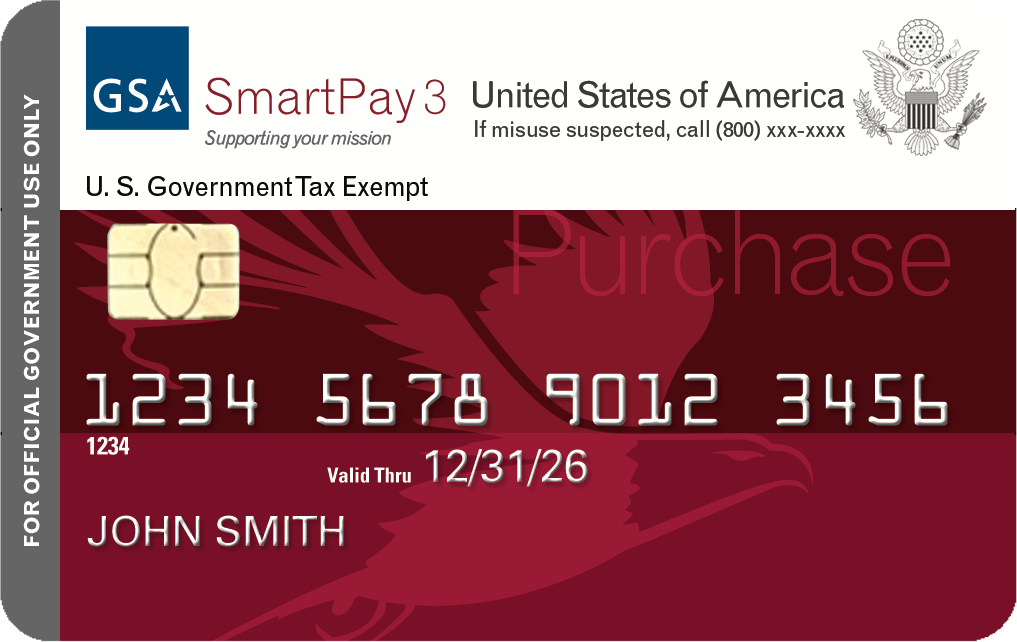 Red charge card with the word Purchase and numbers 1234 5678 9012 3456 and the name John Smith, with a bird in the background