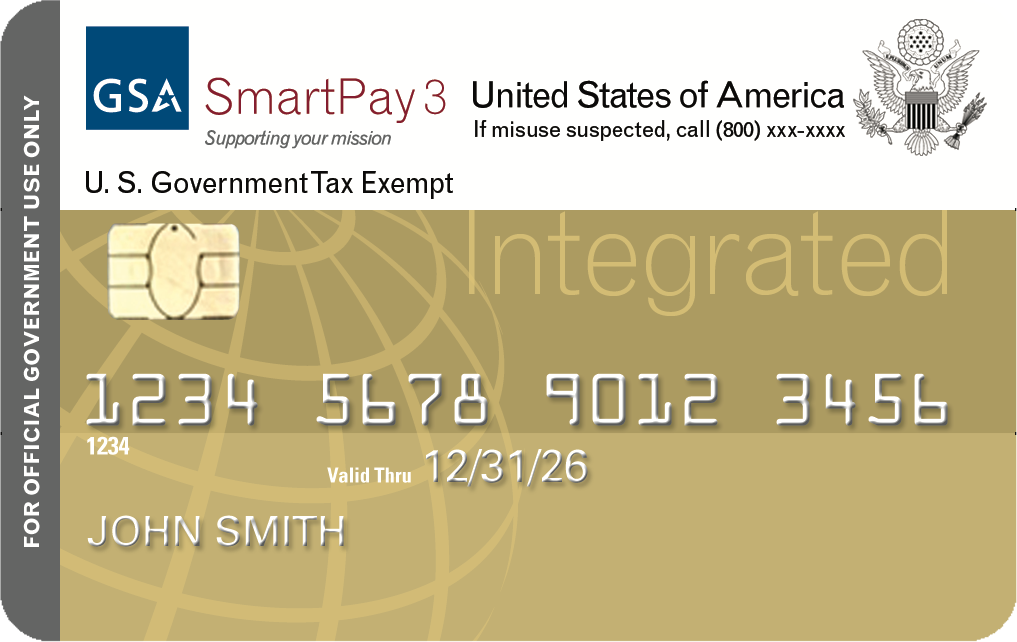 Yellow charge card with the word Intergrated and numbers 1234 5678 9012 3456 and the name John Smith, with a globe outline in the background